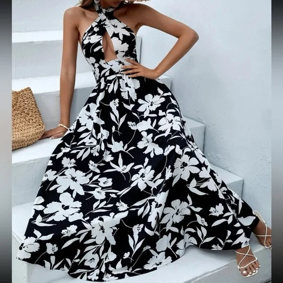 Boho Tropical Floral Print Criss Cross Back Tie Backless Halter Dress Black - Picture 2 of 6